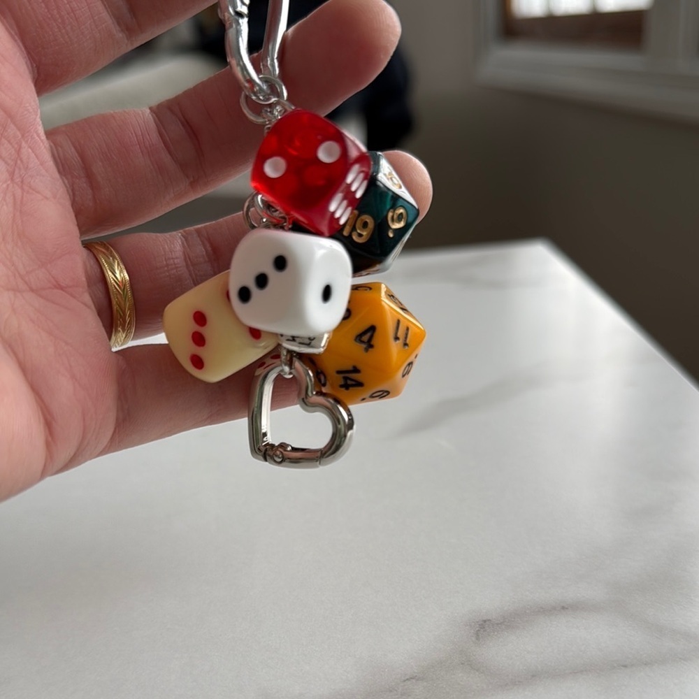 Dice Charm Keychain with Heart Pendant